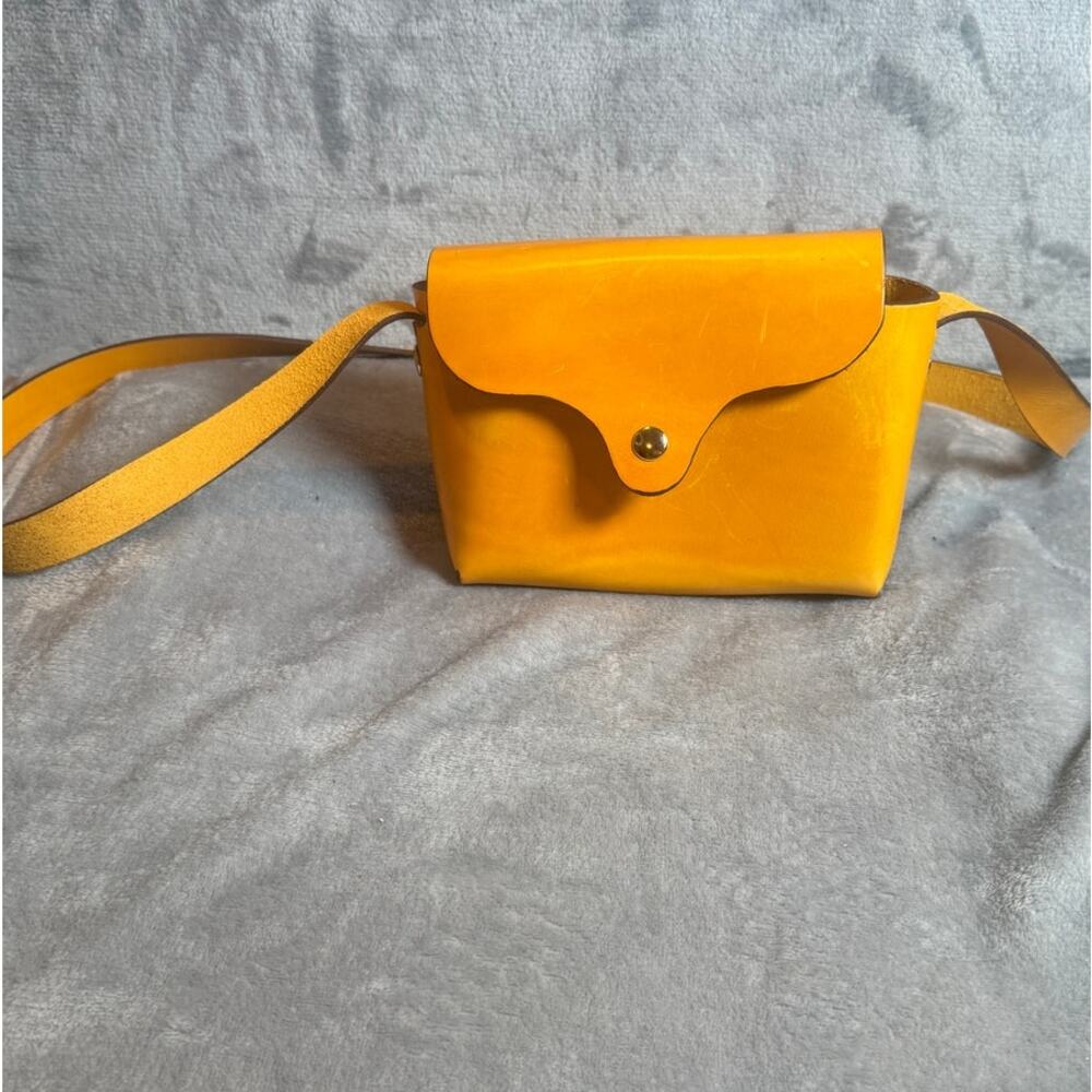 Mustard Yellow Leather Shoulder Bag Riveted Flap Snap Purse Boho Retro
